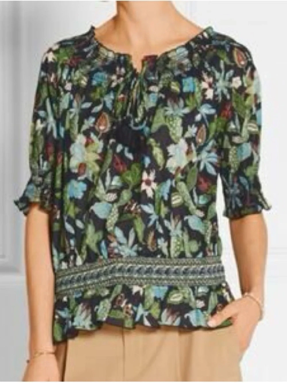Tory Burch Floral Smocked Off Shoulder Cottage Blouse Cactus Print Navy Size 10